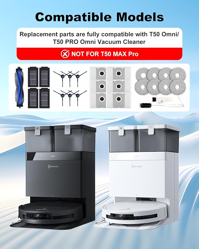 T50 PRO Omni Accessories, 27pcs Replacement Parts Kit for ECOVACS DEEBOT T50 Omni/T50 PRO Omni, Accessory Set with 1 Main Brush, 6 Side Brushes, 8 Mop Pads, 4 HEPA Filters, 6 Dust Bags & Bucket Brush