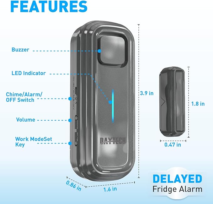 Daytech Freezer Door Alarm with Delay 1/2/3/4 mins Reminder When Left Open Fridge Alarm 0 to 120 dB Refrigerator Door ajar Alert for Home Garage Basement(1 Pack Gray)