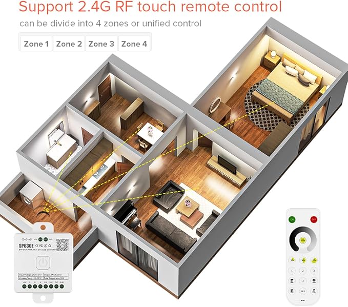 BTF-LIGHTING SP630E Bluetooth Controllers 4 Zones 2.4GHz Dimming RF RB1 Remote Kit Support FCOB COB SMD PWM or SPI Single Color LED Strip WS2811 IC etc DC5V DC12V DC24V