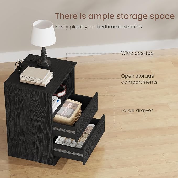 Nightstands Set of 2 with Charging Station, LED Lights and Drawer, Sofa Side - Image 6