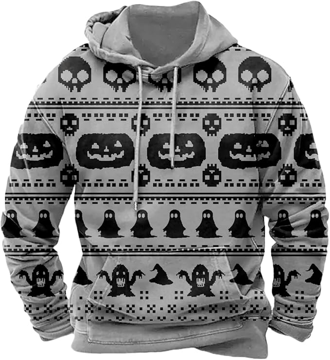 Halloween Hoodie Men Graphic Pumpkin Ghost Printed Sweatshirt Casual Trendy Long Sleeve Halloween Hooded Tops with Pockets