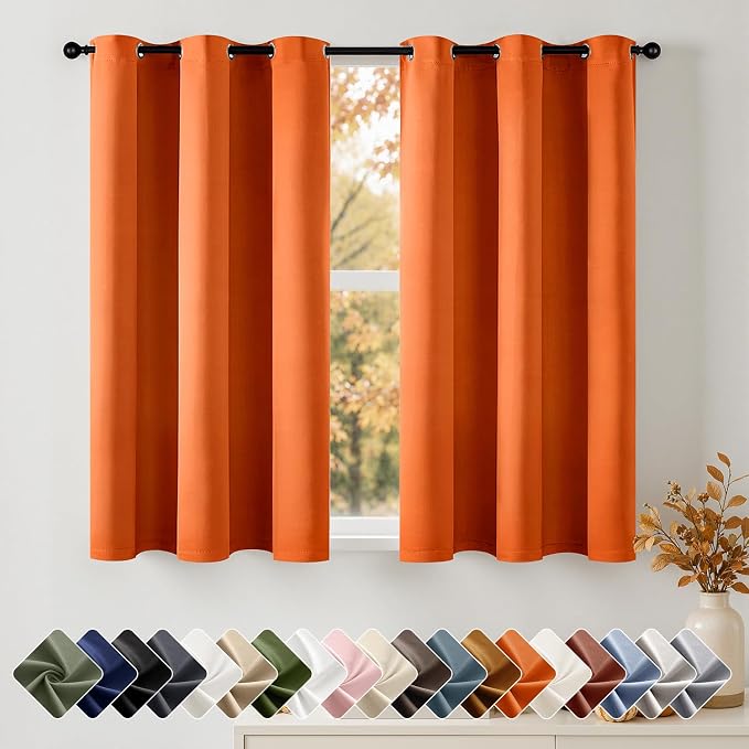 Short Fall Orange Blackout Kitchen Curtain W40 x L45 Inch 2 Panels | Thermal by Woaboy
