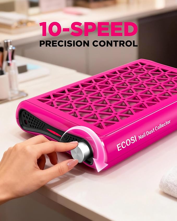 ECOSI Nail Dust Collector, Dual Turbo & 1600PA Professional Vacuum Fan Dust Extractor with 30 Pcs Filter Papers, 8000RPM 10-Level Adjustable Suction for Manicure, Salon Nail Tech & Home