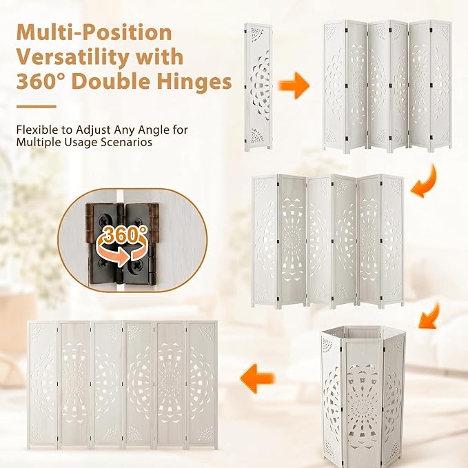 6 Panel Room dividers, 66.9" Boho Double-Sided Carved Screen, Freestanding - Image 4