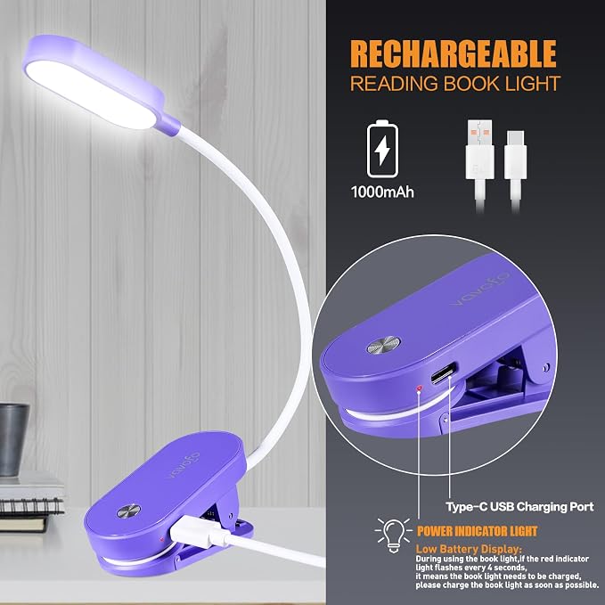 VAVOFO Rechargeable Book Light, 14 LEDs Eye Care Clip On Amber Reading Light - Image 4