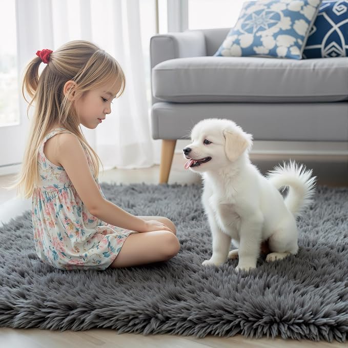 Small Shag Area Rug for Bedroom, 2x3 Dark Grey Soft Plush Carpet | Non-Slip - Image 3