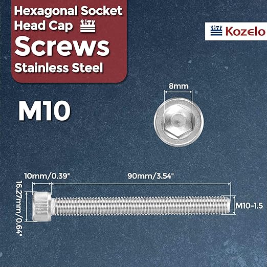 Kozelo 2pcs Socket Head Cap Screws - [M10-1.5 x 90mm] 304 Stainless Steel Allen Socket Drive for Electrical Motor 3D Printing Fan Engine Replacement Use, Silver