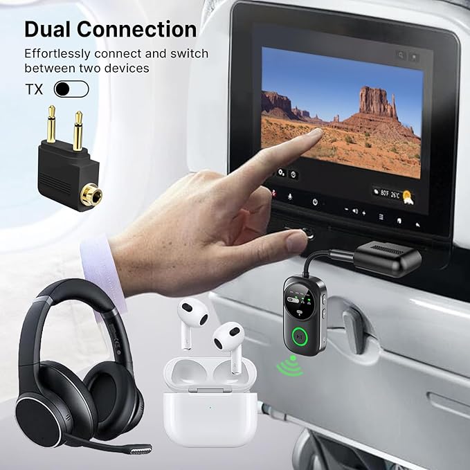 PinPure Bluetooth 5.4 Transmitter Receiver for 2 AirPods/Headphones, 2-in-1 Wireless Adapter with Microphone, Audio Adapter with 3.5mm Audio Jack, Suitable for Airplane, Car, TV, PC, Home Stereo