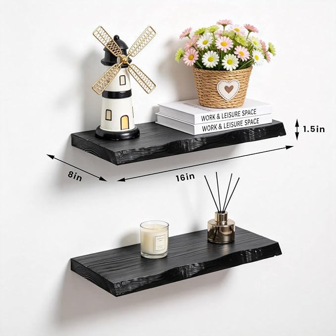 Black Live Edge Floating Shelves, Solid Wood, Heavy-Duty Hidden Brackets - Image 3