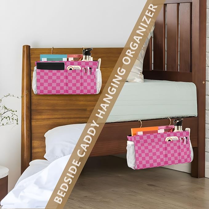 Pink Checkered Print Bedside Caddy Storage Bag Bedside Organizer - Image 7
