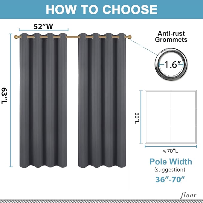 Diraysid Dark Grey Grommet Blackout Curtains - Image 3