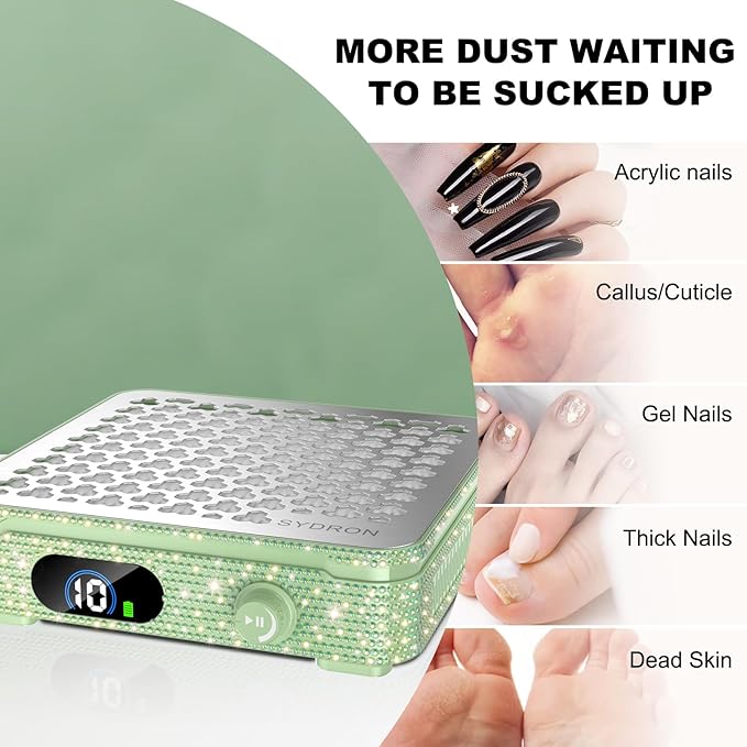 Nail Dust Collector | 1000PA Dust Collector Nail Tech | 10 Speed Levels | Low Noise & Strong Suction | Reusable Filter, 10 Pads + Nail Dust Brush | for Acrylic Nails, Salon & Home -Grass Green Diamond