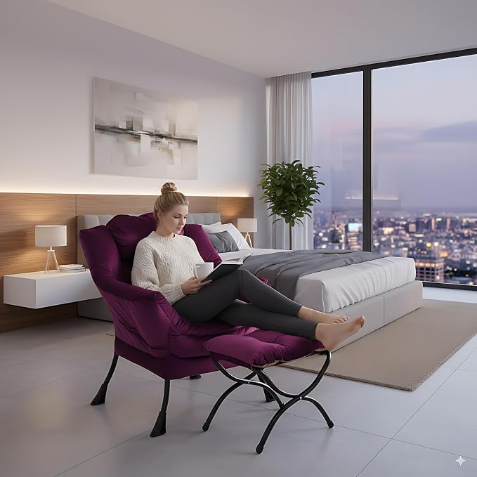Lazy Chair with Ottoman, Comfy Accent Reading Chair, Velvet Purple | Foldable - Image 2