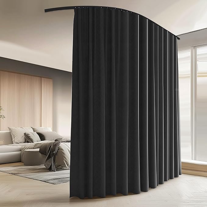 Room Divider Curtains with Ceiling Curtain Track Set Window Curtain for Bedroom,Living Room Total Blackout Thermal Insulated Privacy Ceiling Track Curtain W 9 × H 8 FT Black drape&Black track
