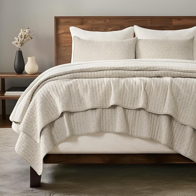 100% Cotton Cross Stitch 3-Piece Quilt Set, Flax Beige | 100% Cotton, Elegant - Image 8