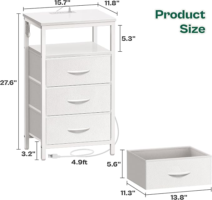 Huuger Night Stand with Charger Station and LED Lights, 3 Drawer Nightstand | - Image 3