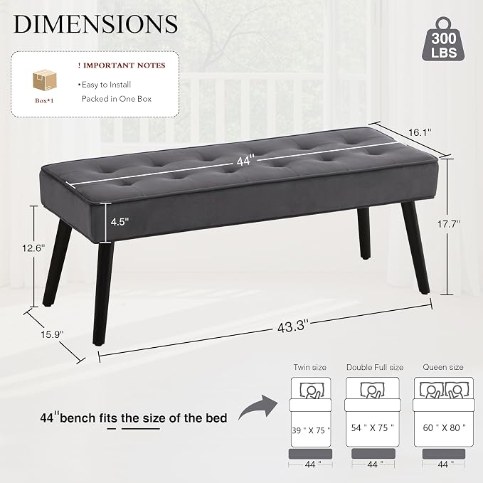LOULENS Entryway Bench, Dark Grey | Wood Legs, Button Tufted, Upholstered Bench - Image 2