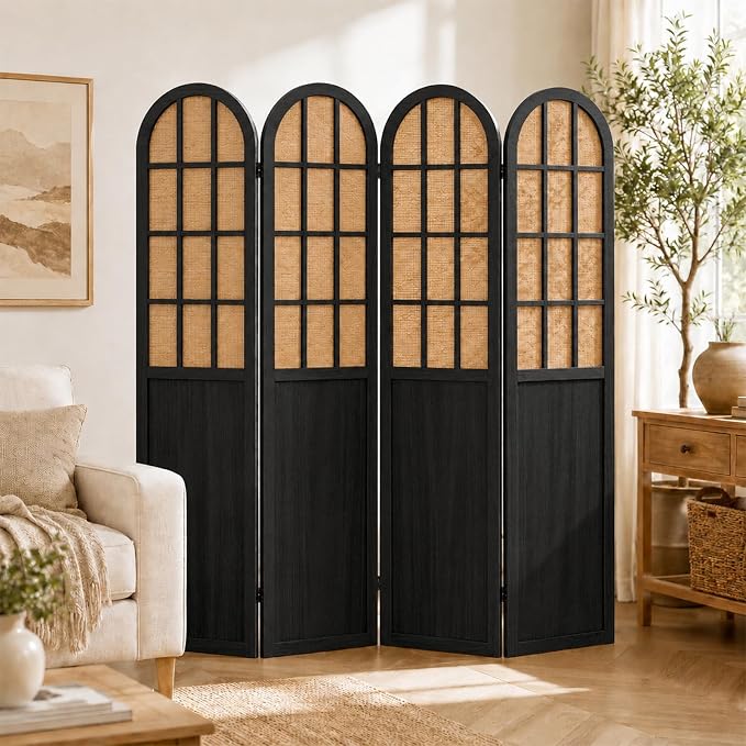 4 Panel Room Divider Privacy Screen Bamboo Wood Black | Folding Freestanding by ALeesing