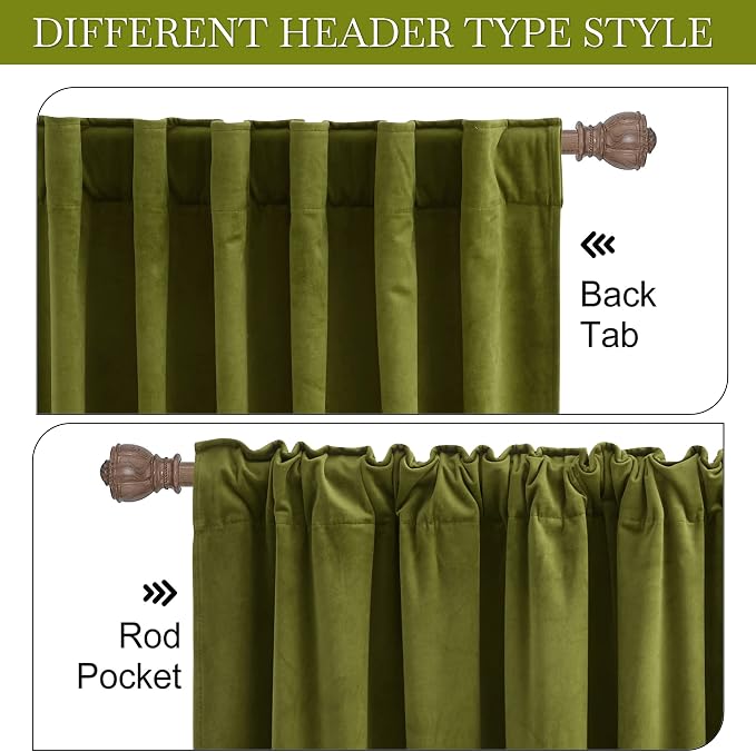 RYB HOME Moss Green Velvet Curtains & Drapes 72 inches Long - Image 3