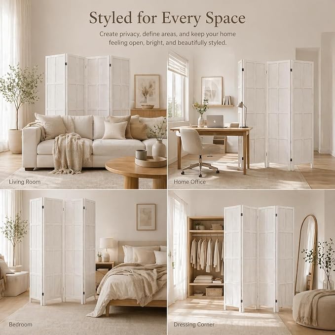 4 Panel Solid Wood Room Divider Folding Privacy Screen White | Freestanding - Image 6