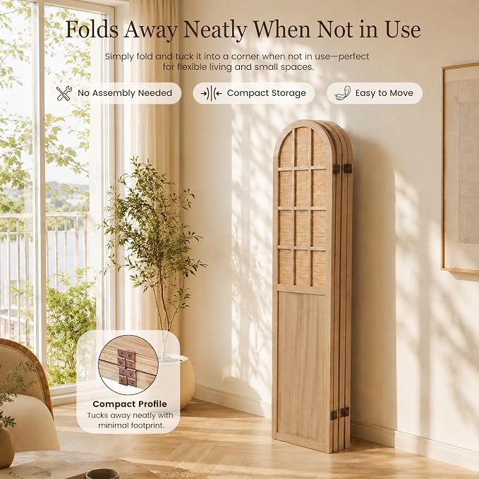 4 Panel Room Divider Privacy Screen Bamboo Wood Light Brown | Folding - Image 5