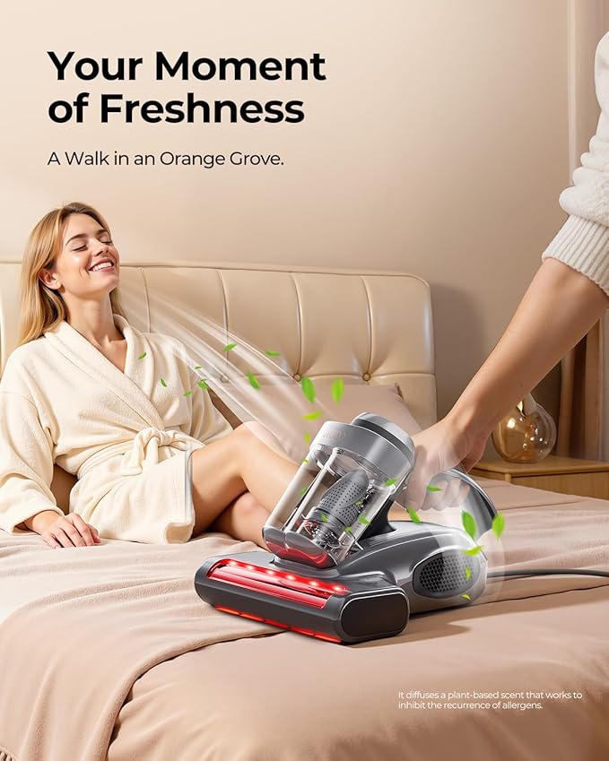 JIGOO J300 Pro Matture Vacuum Cleaner with 14Kpa 550W Powerful Suction, Infrared, UV & Heating Tech for Deep Cleaning, Anti-Allergen Bed Vacuum with Dust Sensor & Plant Fragrance for Bed, Sofa, Crib.