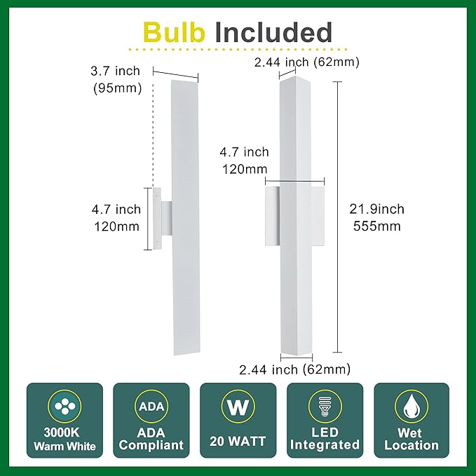Tarentlight 2 Pack LED Outdoor Wall Lights Dimmable,20W 3000K,21.9" Modern Textured White Outdoor Wall Sconce, IP65 Waterproof, Linear Exterior Wall Light for Entrance, Hallway, Garage, Porch