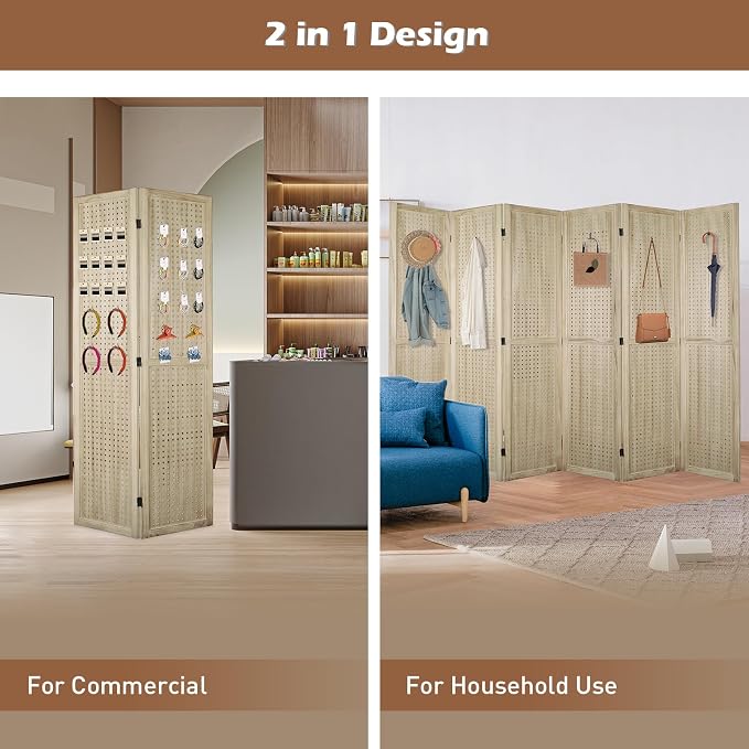 6 Panel Pegboard Room Divider | Natural Wood Folding Privacy Screen - Image 6