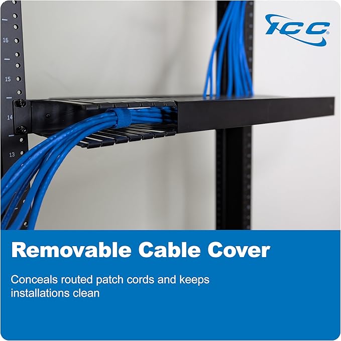 ICC 1U Finger Duct Cable Manager Panel with Cover, Plastic with Metal Back Frame, 3" Depth, Horizontal Cable Management, Rackmount for 19” Network Racks, Black, 6-Pack