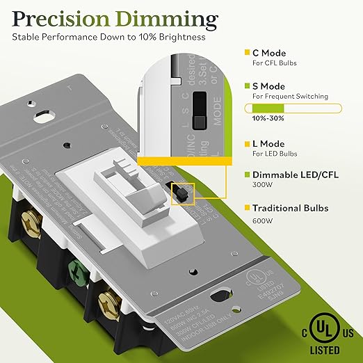 TG Toggle Dimmer Switch for LED, CFL, Incandescent Bulbs, Single-Pole or 3-Way, 2-Wire, No Neutral Required, Quiet Glide, UL-Listed, Wall Plate Included, White, 6-Pack