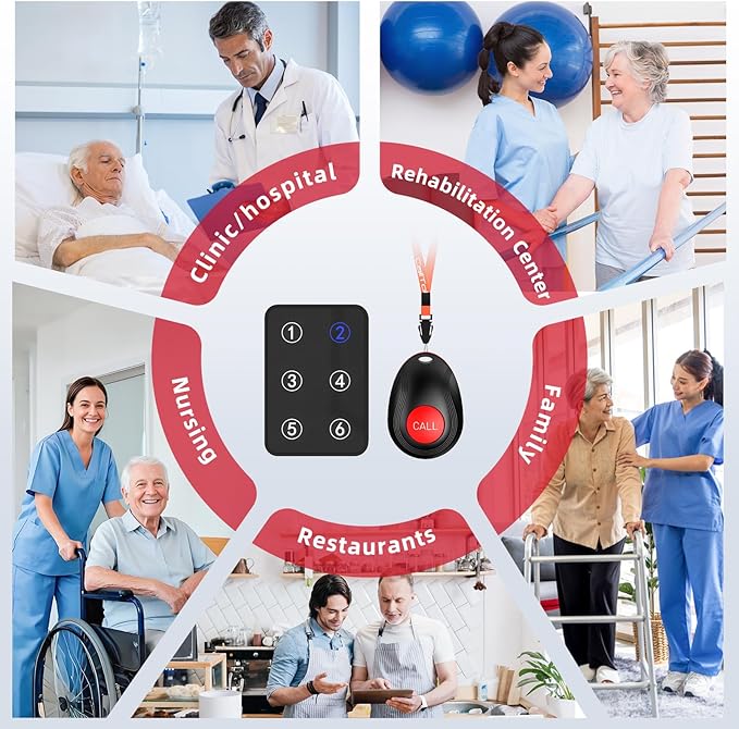 CallToU Wireless Call Button Caregiver Pager Nurse Call System for Elderly/Patients at Home/Hospital with Voice Announcements and LED Number Display (6 Waterproof Call Button & 3 Receiver)