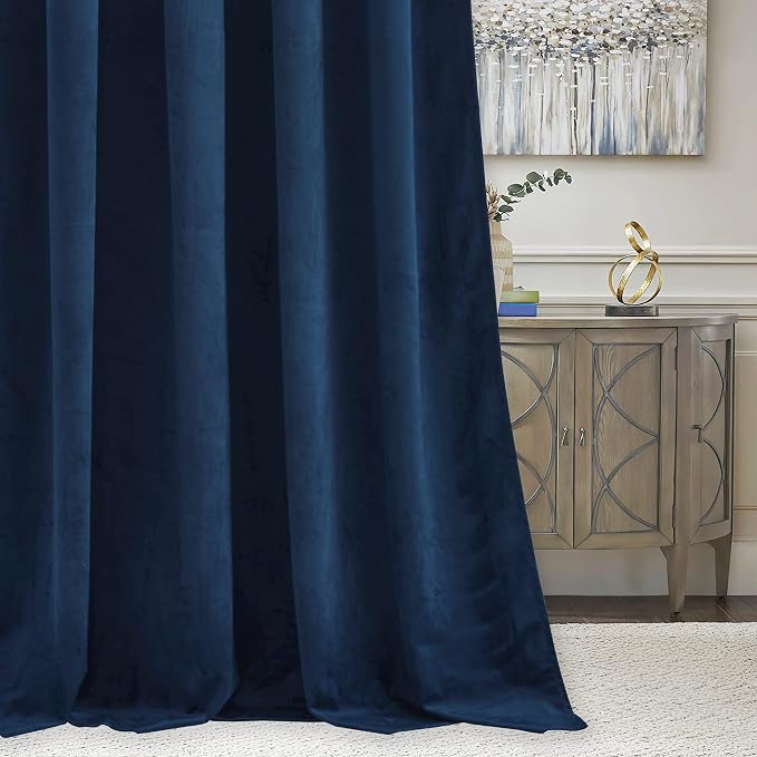 RYB HOME Navy Blue Velvet Blackout Curtains 96 inches Bedroom Living Room | - Image 6
