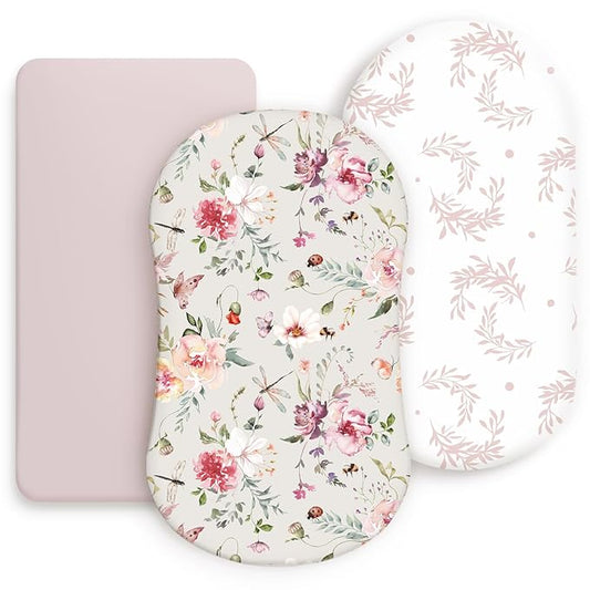 Stretch Ultra Soft Fitted Bassinet Sheet Set 3 Pack, Universal Fit for Bassinets Baby Cradle Moses Basket Oval Rectangle Mattress Safe and Snug, Beautiful Flowers and Insects Pattern for Baby Girls