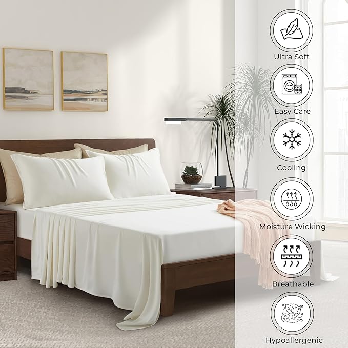 Luxury Bamboo Market | King Size Bed Sheet Set | 100% Viscose Made from Bamboo | Organically Grown | Ultra Soft | Cooling Sheets for Hot Sleepers | 17" Deep Pocket [Opulent Ivory]