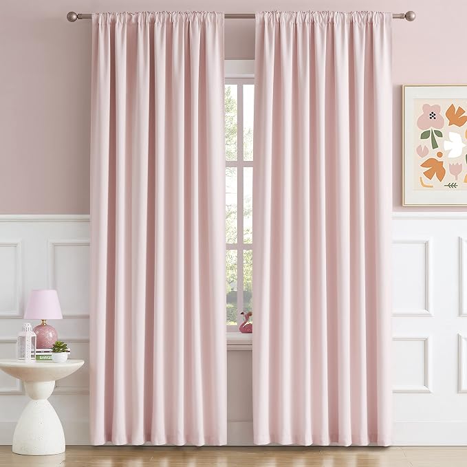 2 Panels Baby Pink Curtains for Girls Bedroom 70 Inch Wide- Back Tab and Rod - Image 2
