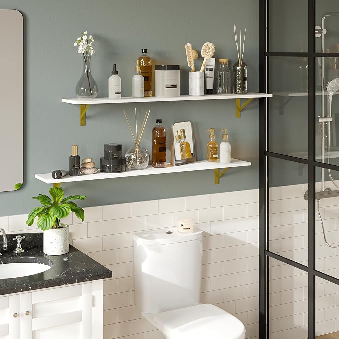 Long Wall Shelves, 47.3Inch Wooden Wall Mounted Shelves, Metal Brackets - Image 5