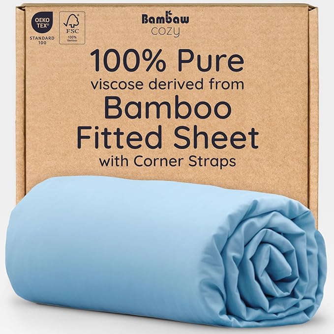 Bambaw 100% Viscose Derived from Bamboo Queen Fitted Sheet with Corner Straps, Cooling Fitted Sheets Queen Size, 16’’ Deep Pocket Soft Fitted Sheet, Queen Bed Fitted Sheet Only (Dream Blue)