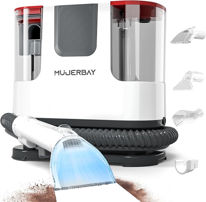 Upholstery Carpet Cleaner, MUJERBAY 12Kpa Portable Spot & Stain Cleaner Shampooer, Move with Universal Wheels & Handle, 1.18-inch Deep Cleaning Machine for Couch, Stairs, Car & Messes.