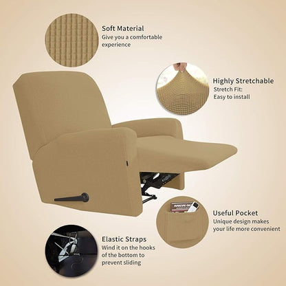 Easy-Going Recliner Stretch Sofa Slipcover Sofa Cover 4-Pieces Furniture Protector Couch Soft with Elastic Bottom Polyester Spandex Jacquard Fabric Small Checks(Recliner, Golden)