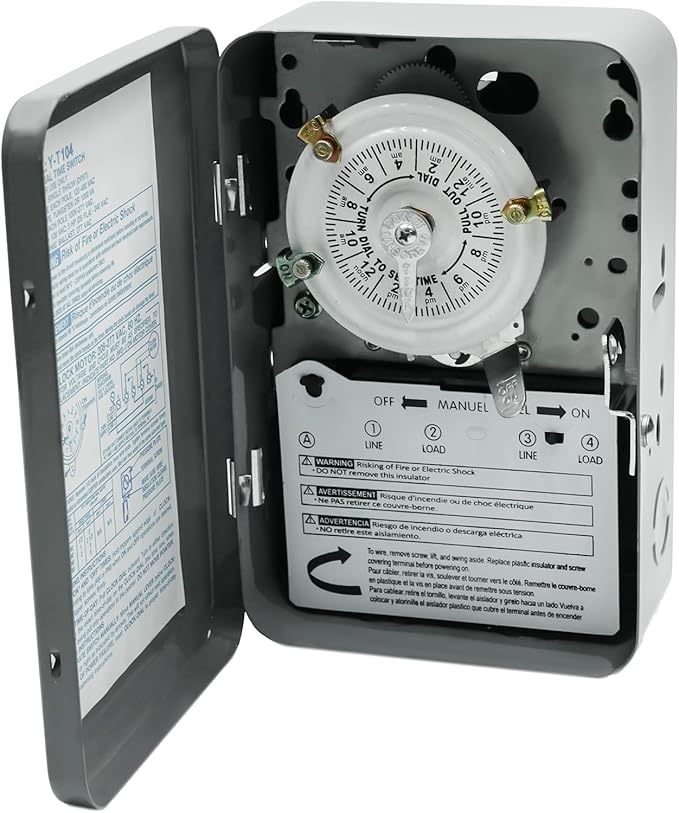 T104 Electromechanical Timer Switch,40A Load Capacity,1-12 Cycles Per Day - Manual Override,Versatile Scheduling