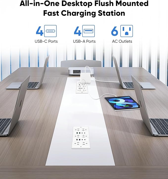 VILONG 14 in 1 Recessed Power Strip with PD 45W USB-C, Flush Mounted Drawer Outlet, 6 Outlets & 8 USB Ports, 45° Flat Plug, 6FT Extension Cord, Conference Desktop Built in Power Strip(White)