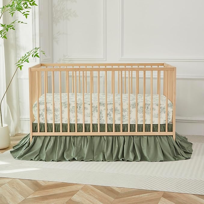 Brandream Crib Bed Skirt for Baby Girls Boys Gray Boho Bohemian Neutral Solid Cotton Toddler Bedskirt Farmhouse Chic Ruffle, Vintage Green