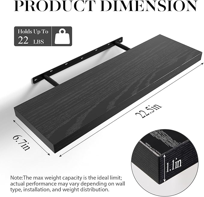 BAYKA Black Floating Shelves 22.5in, Wall Mounted - Image 3