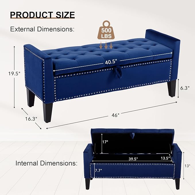 Velvet Storage Ottoman Bench, Modern Entryway Ottoman Bench - Image 2