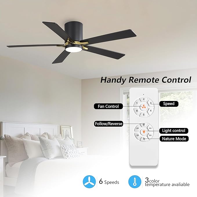WINGBO 52" DC Flush Mount Ceiling Fan with Lights, 5 Plywood Blades, 6-Speed Reversible DC Motor, 3CCT, Low Profile Hugger Ceiling Fan for Living Room Bedroom Kitchen, Black and Brass
