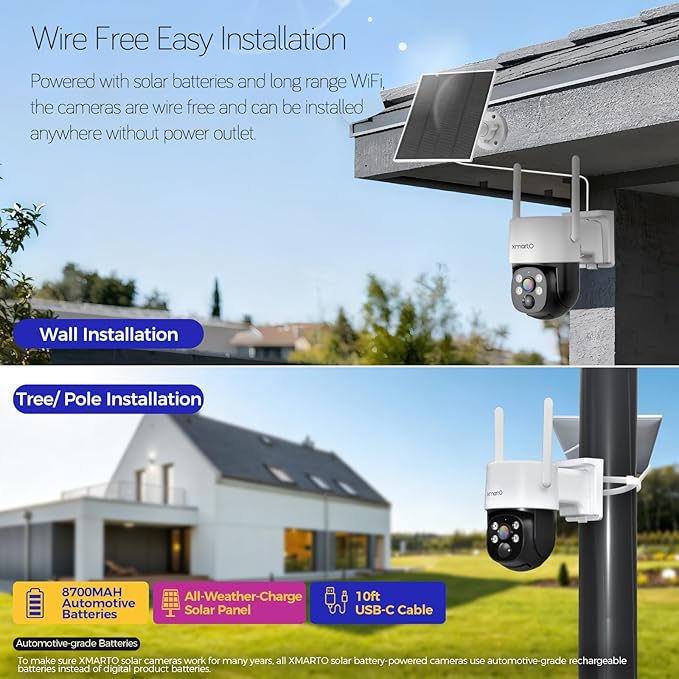 [Night Color] XMARTO 2K HD Wireless Solar Security Camera System with Starlight Color Night Vision, PTZ Control, Long Range WiFi6, Easy Mobile View, HDMI View on Monitor, 0 Monthly Fee, 64GB Micro SD