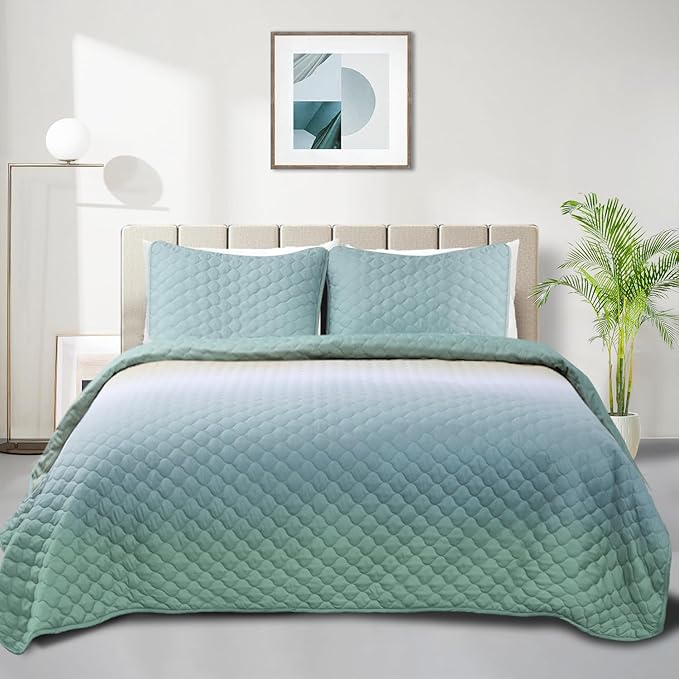 Quilt Set Full Queen Size 3 Piece, Gradient Green Pattern Printed Bedding by SchnauzerHome