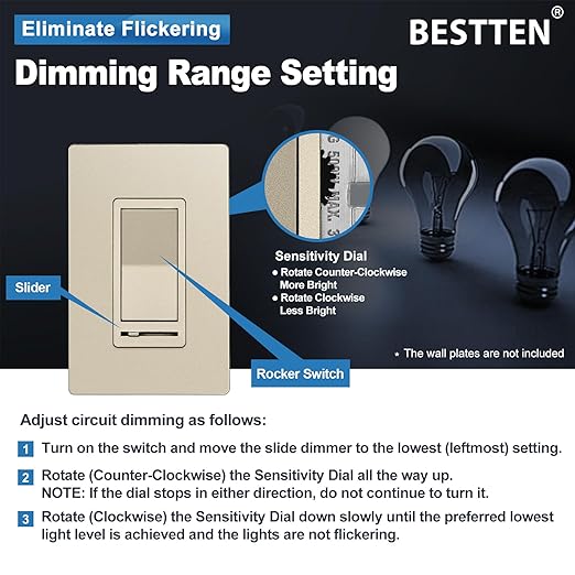 BESTTEN 5 Pack Matte Champagne Gold Dimmer Light Switch, Single Pole or 3-Way, Compatible with Dimmable LED, CFL, Incandescent and Halogen Bulb, 120VAC, Signature Collection, UL Listed