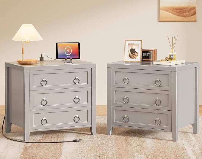 Huuger Paint Night Stand with Charger Station, 3 Drawer Nightstand Set of 2 | by Huuger