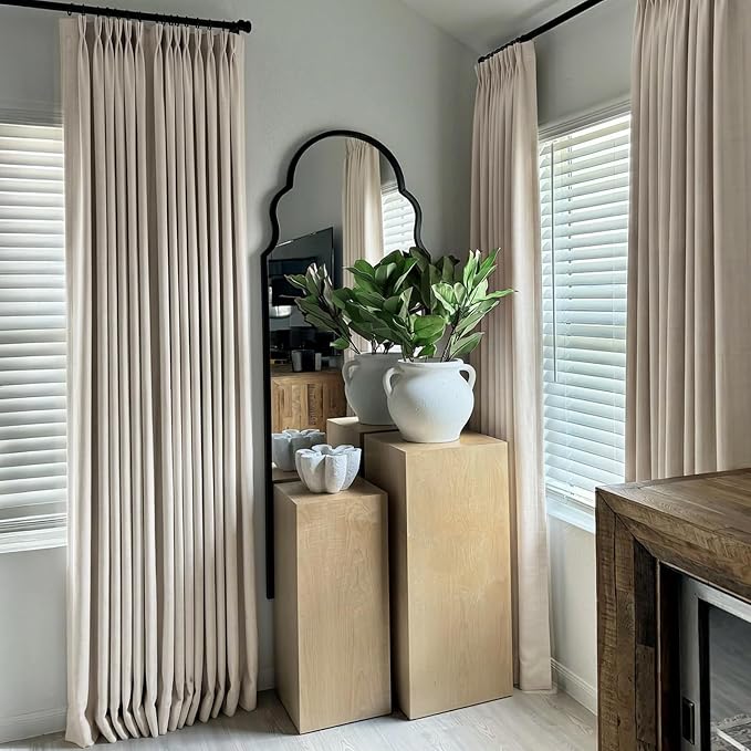 Pinch Pleated Full Blackout Faux Linen Curtains 84 Inches Long | Oatmeal - Image 4